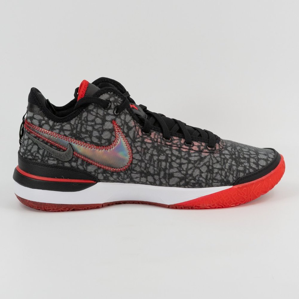 Nike Men's Black and Red Low-Top Sneakers with Iridescent Swoosh